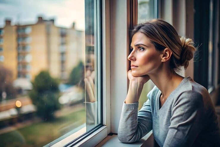 A contemplative woman looking out a window, representing mindfulness and self-reflection.